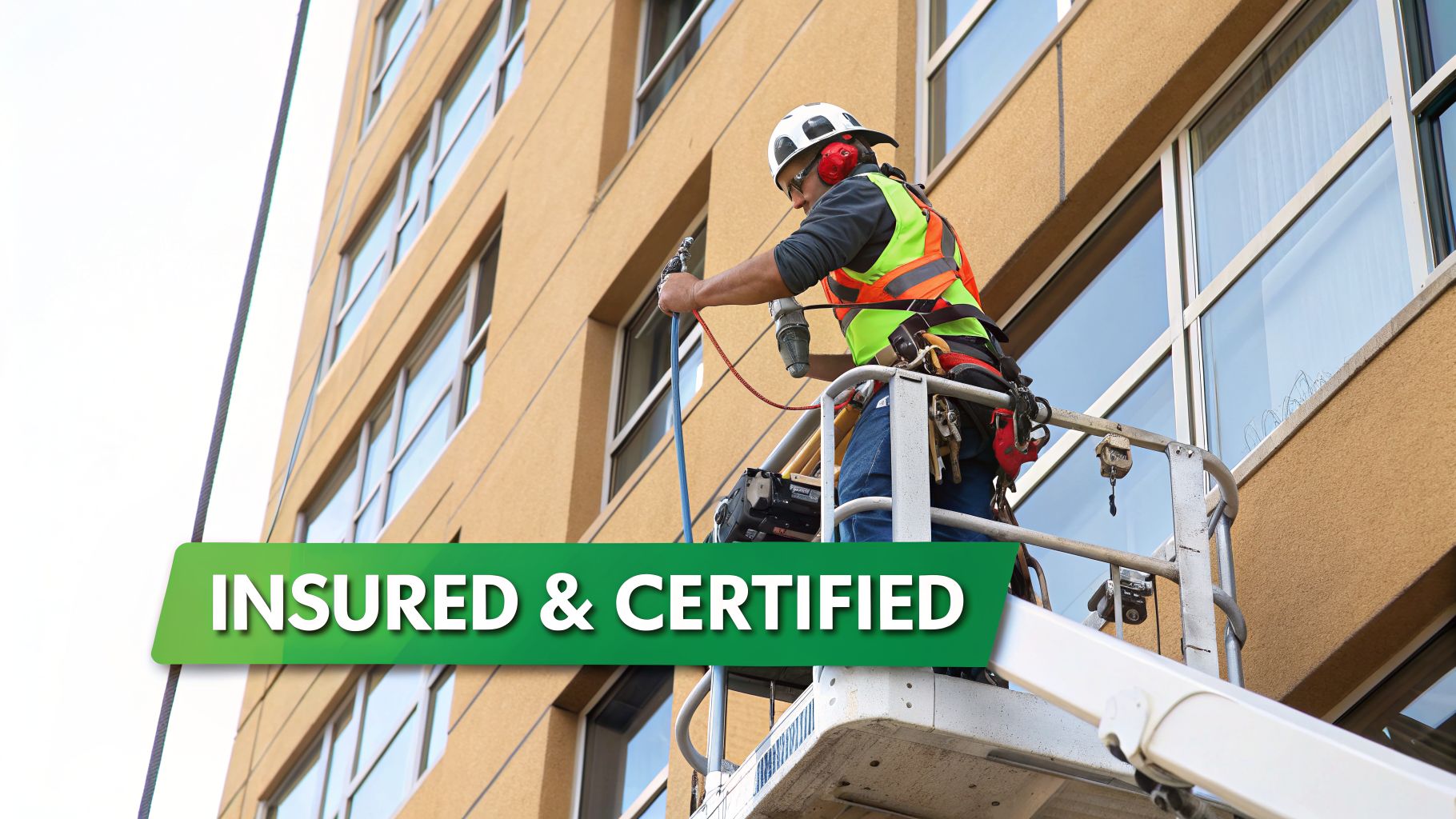 A professional wearing safety gear cleans windows of a tall building from a cherry picker, indicating insured services.