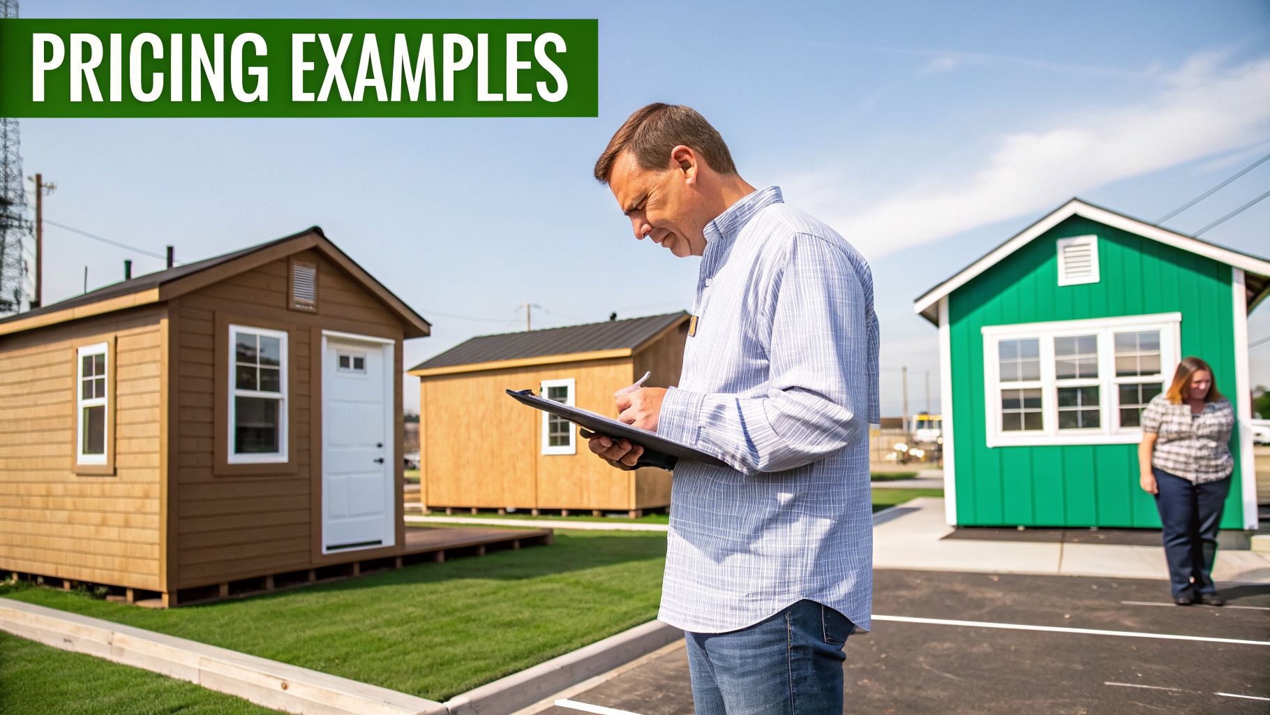 A man writes on a clipboard near small buildings under a 'PRICING EXAMPLES' banner.