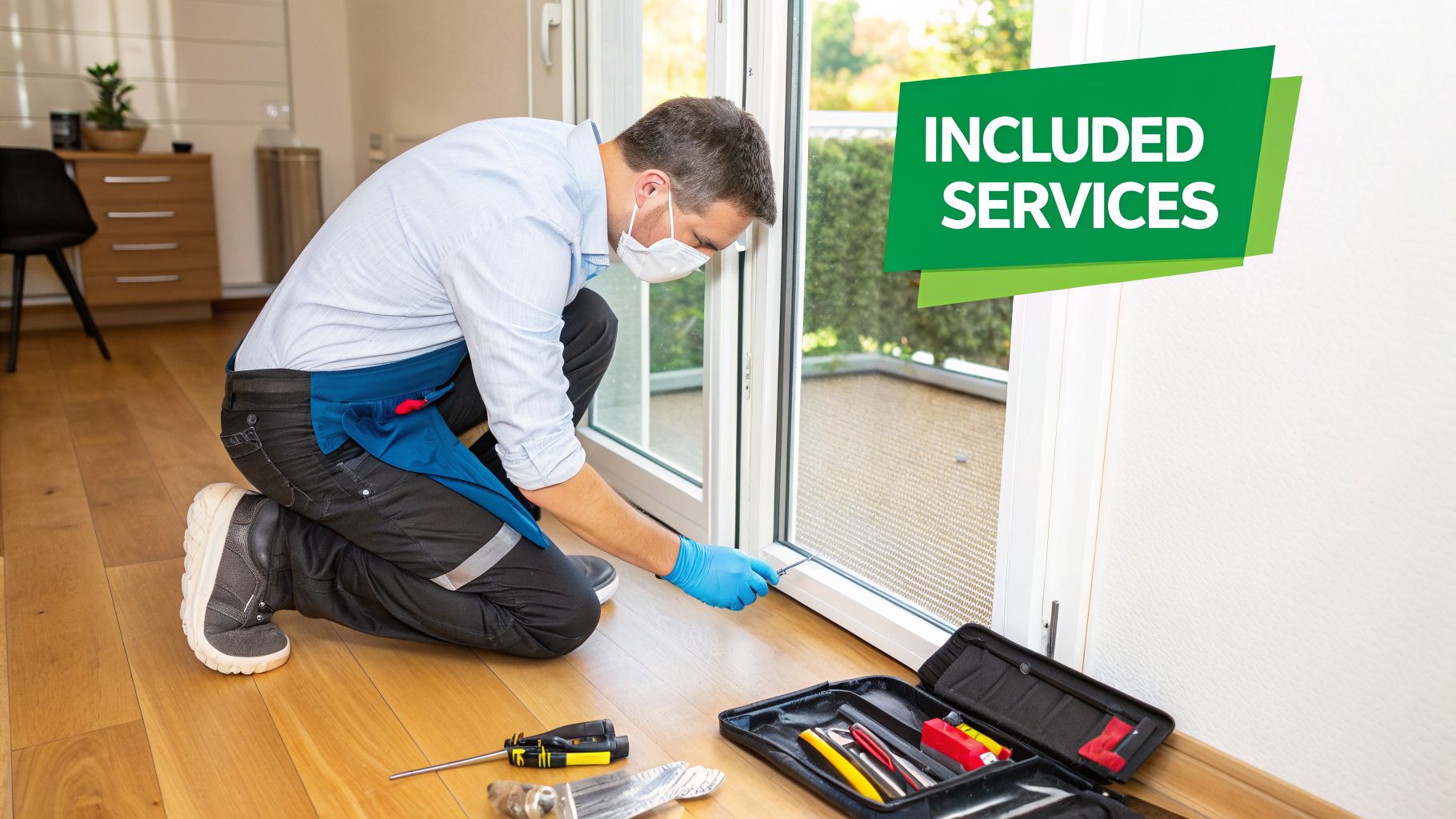 A service technician wearing a mask and gloves repairs a window frame, with a toolkit nearby, featuring 'INCLUDED SERVICES' text.