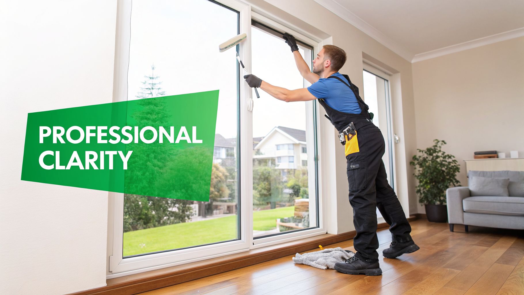 A professional window cleaner in blue and black overalls meticulously cleans a large window inside a home.