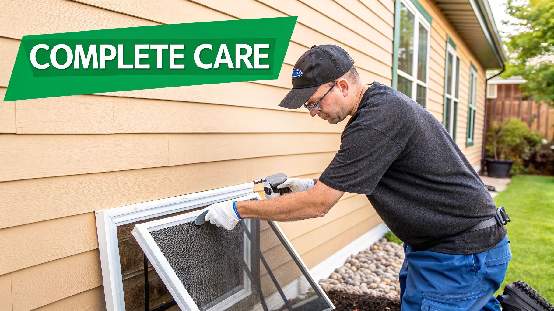 A man in work attire wearing gloves cleans a window screen on the side of a tan house.