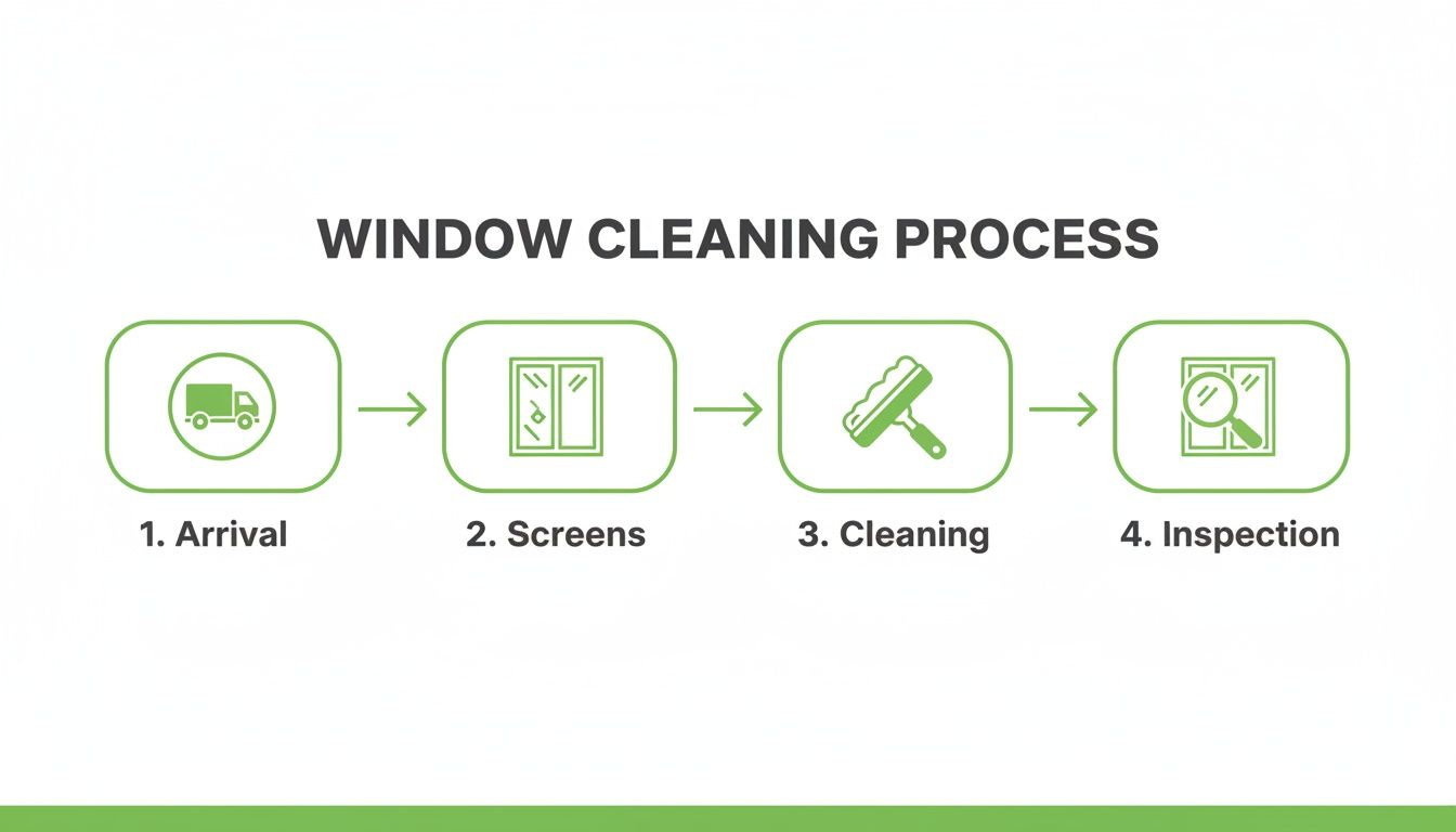 A flowchart showing the 4 steps of window cleaning: arrival, screens, cleaning, and inspection with icons.