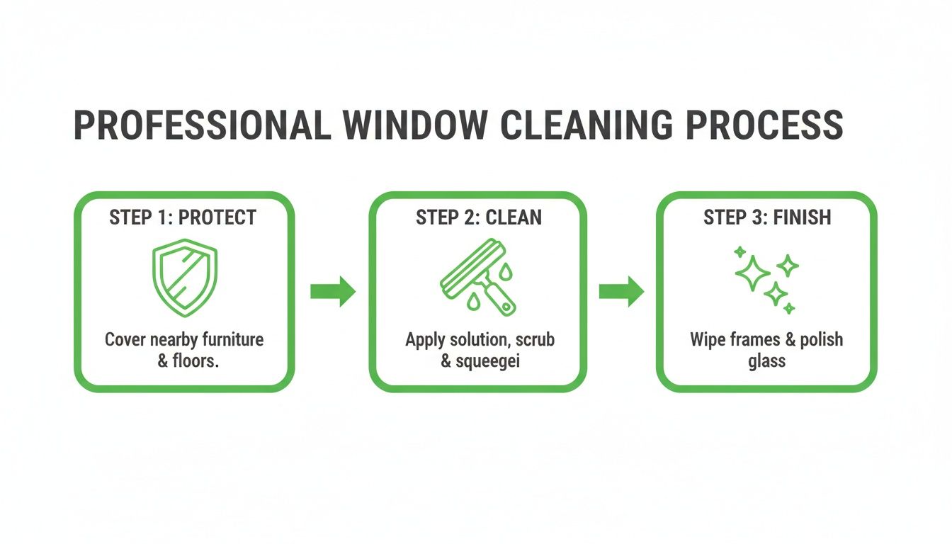Infographic detailing the 3-step professional window cleaning process: protect, clean, and finish.