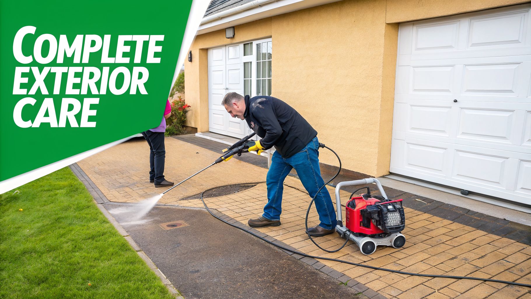 A man in a black jacket and blue jeans power washes a dirty paved driveway next to a house.