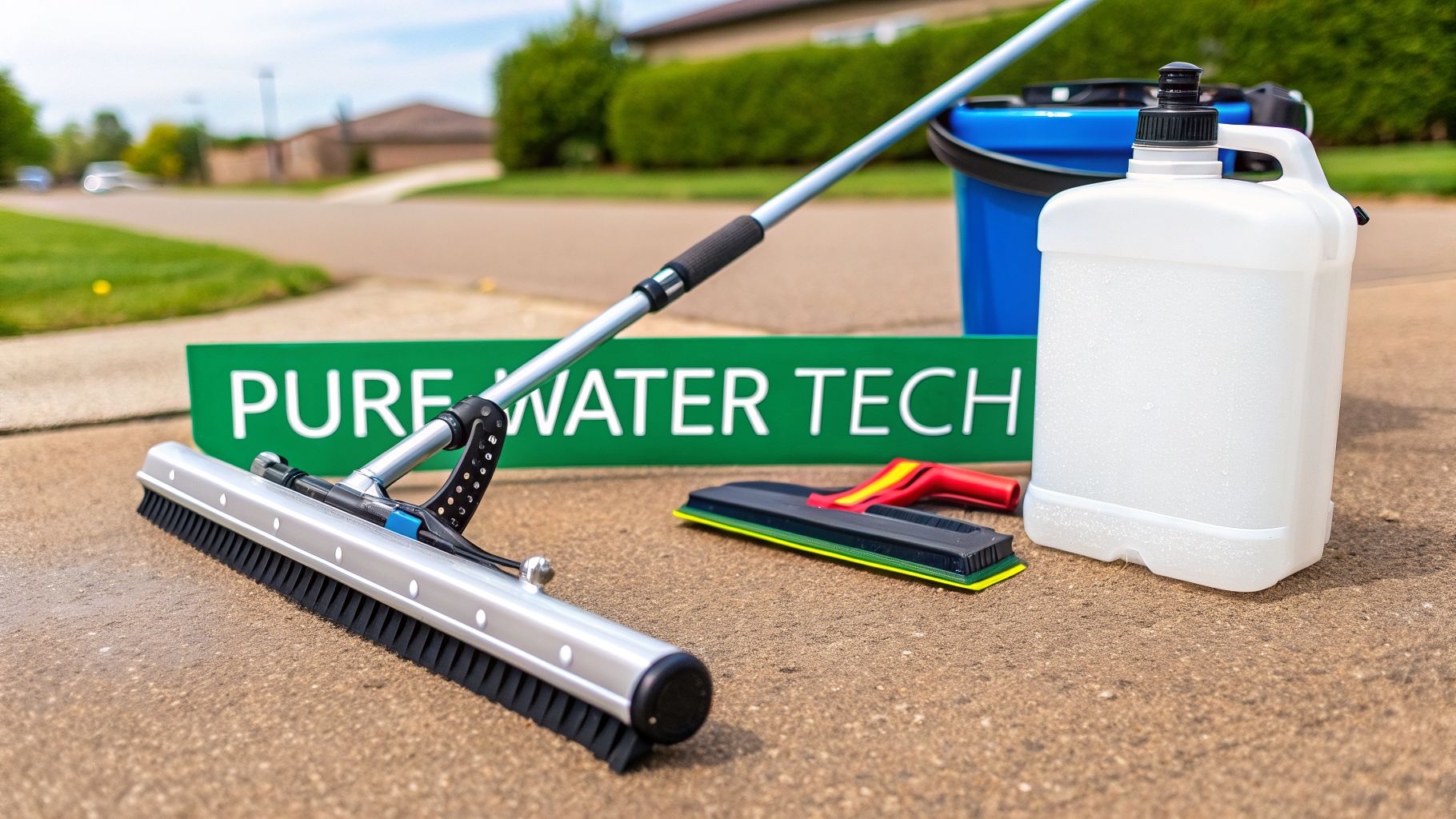 Window cleaning tools including a long pole brush, bucket, and solution bottle on concrete.