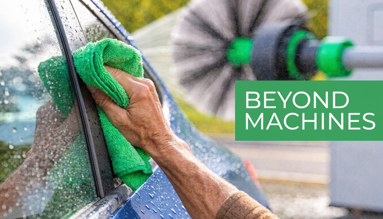 A person cleaning a car window with a green microfiber cloth at a car wash facility.