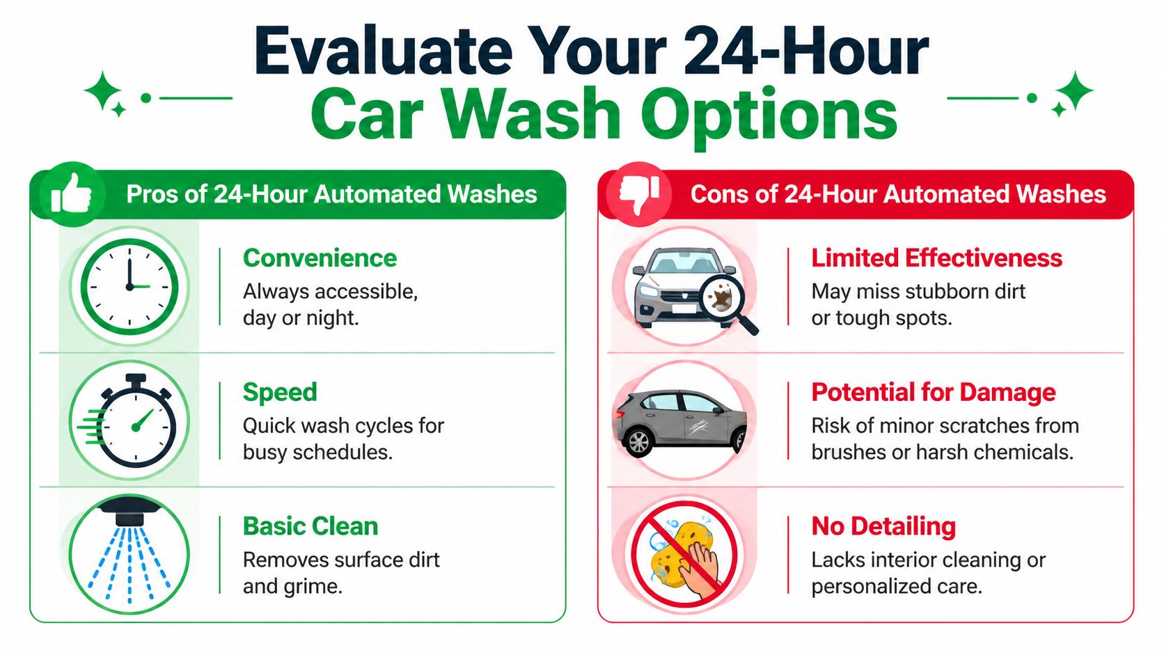 An infographic comparing the pros and cons of using a 24-hour automated car wash service.