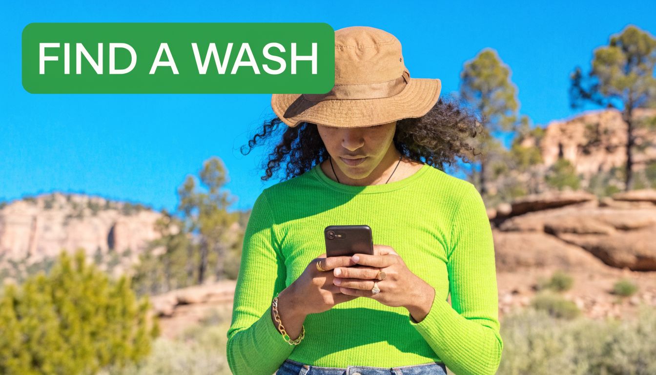 A person in a bright green shirt and hat uses their phone outdoors in a desert landscape.