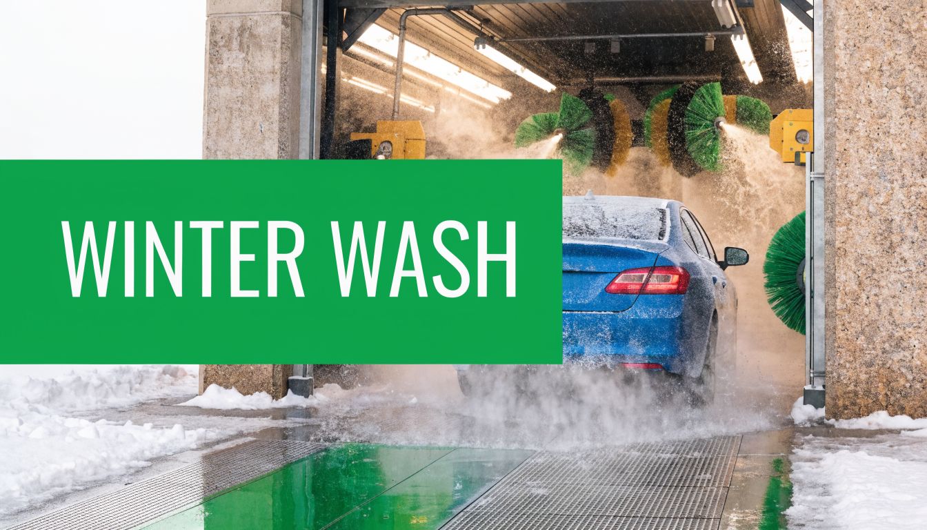 A blue car receiving a professional winter wash inside an automated car wash facility during snow.