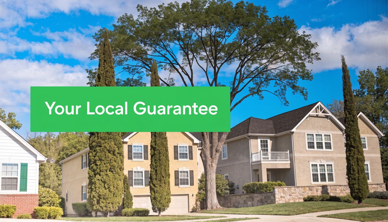A scenic neighborhood with houses and green trees under a bright blue sky with white clouds.