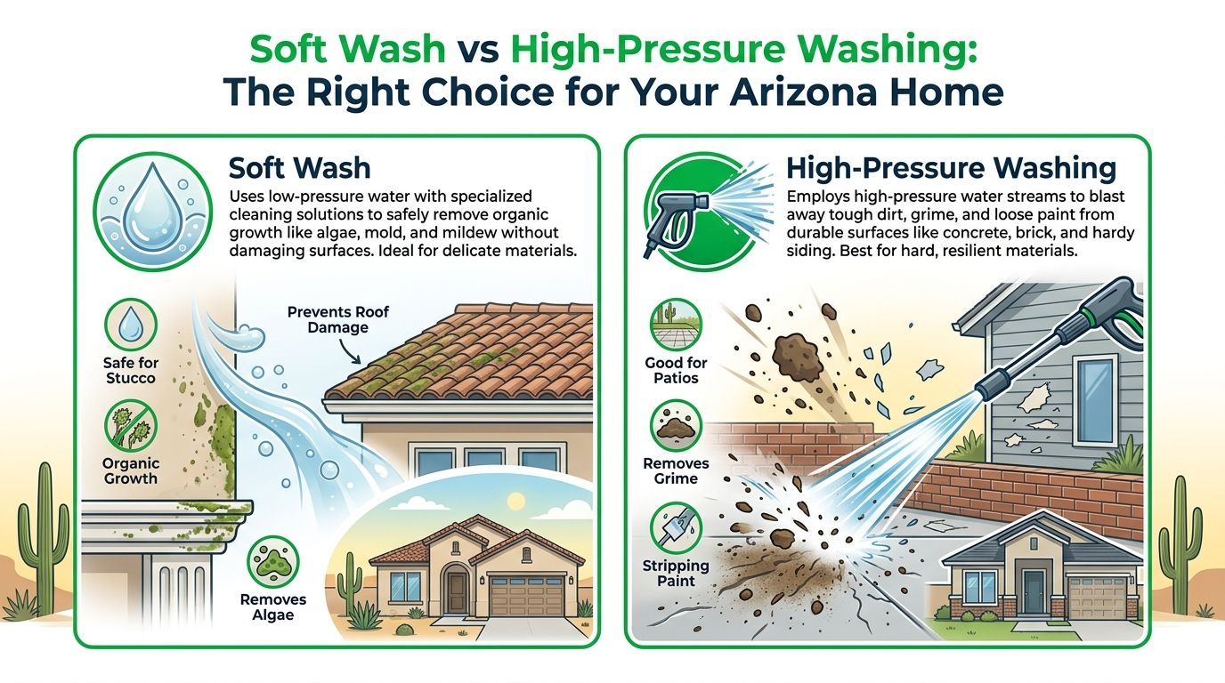 An infographic comparing the benefits and uses of soft washing versus high-pressure washing for Arizona homes.