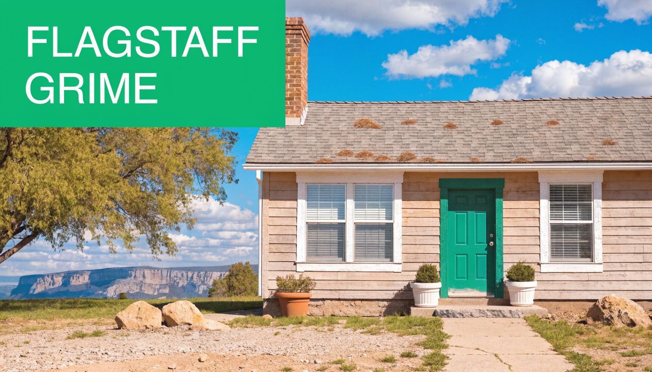 A house exterior with a weathered roof, green door, and desert landscape view in Flagstaff, Arizona.