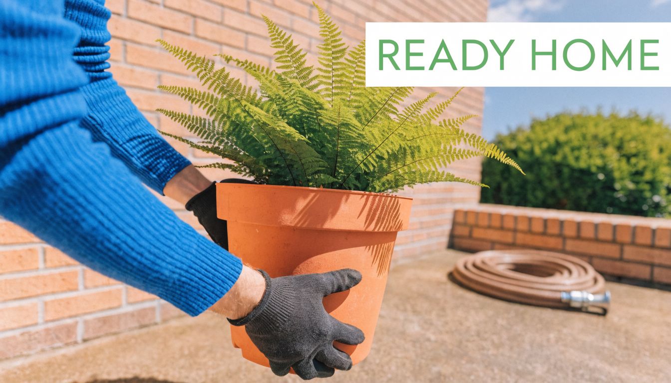 A person wearing gloves holds a potted fern plant in front of a brick wall and hose.
