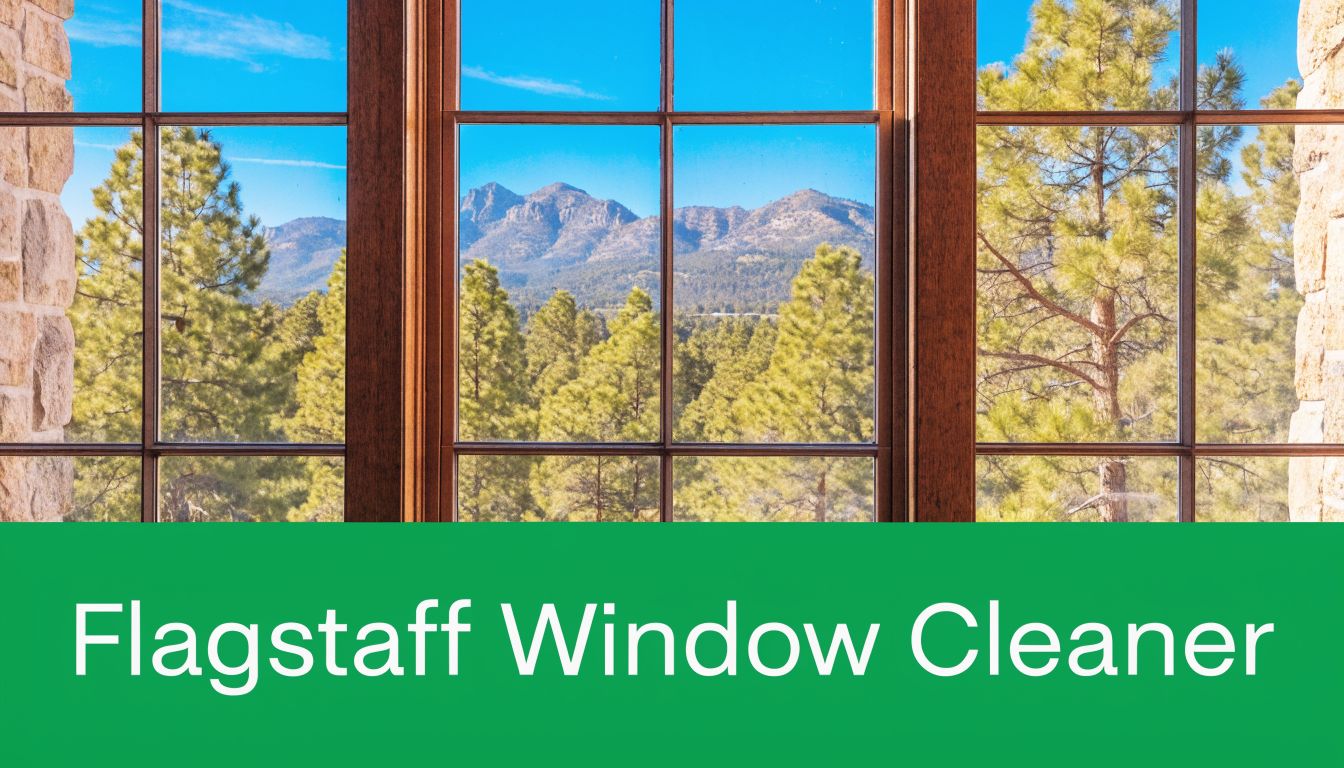 A scenic view of a mountain landscape through a clean residential window with a green banner below.