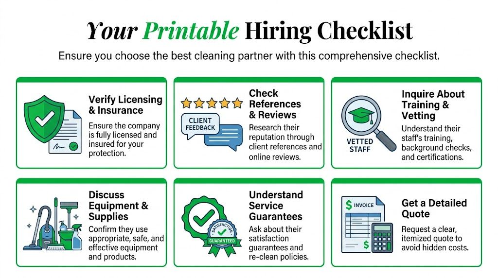 An infographic titled Your Printable Hiring Checklist, showing six essential steps to choosing a professional cleaning company.