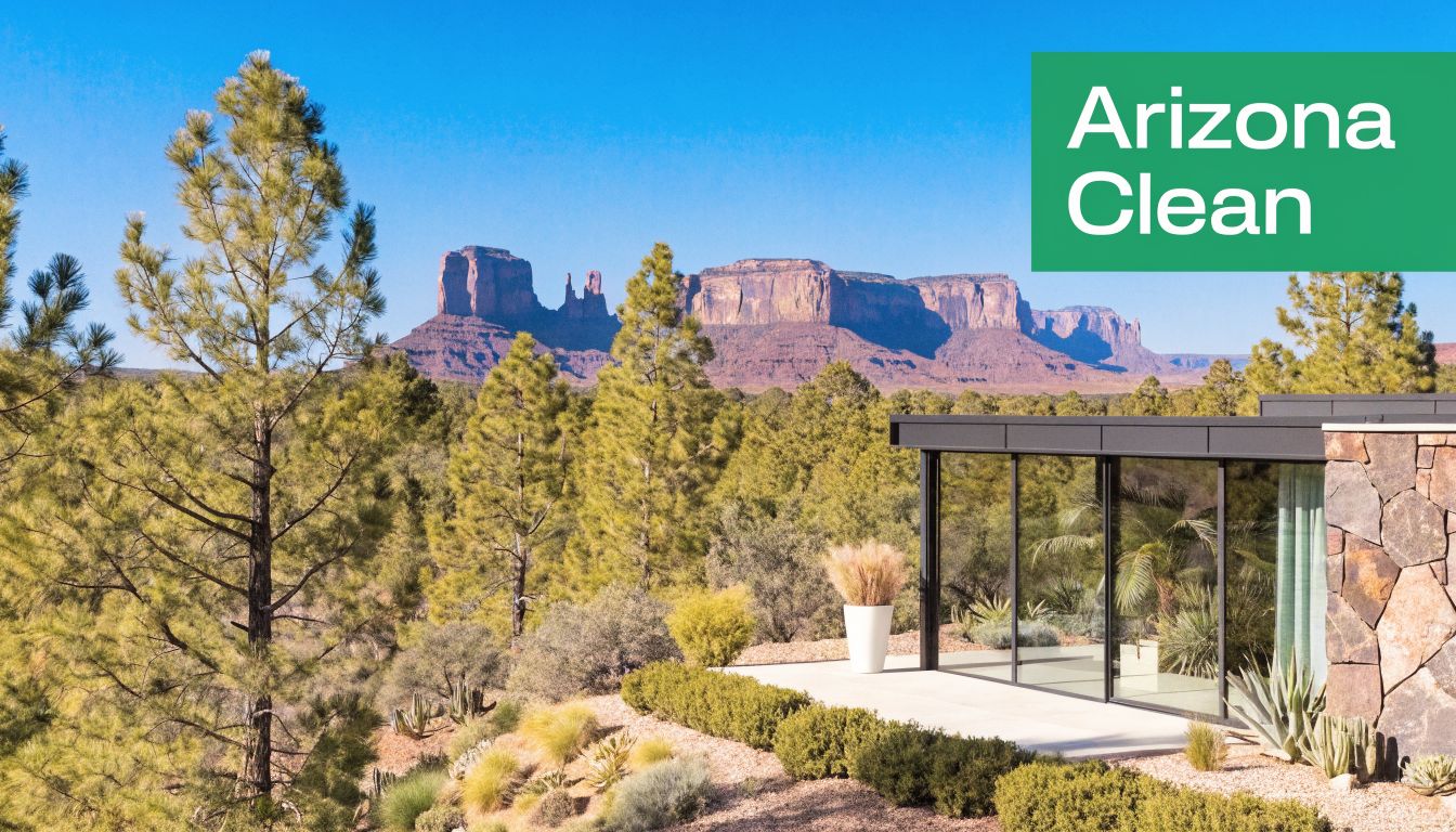 A modern glass home overlooking a scenic desert landscape with tall pine trees and rock mesas.