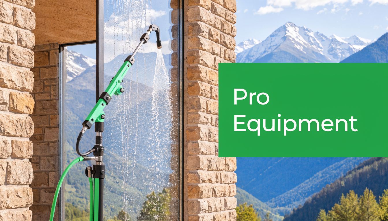 A professional window cleaning tool spraying water on a large glass pane with mountains in background.