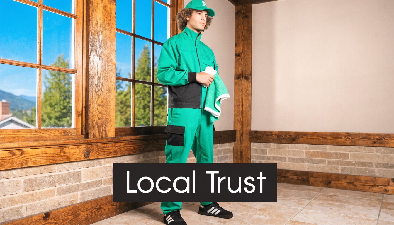 A professional cleaner wearing a green uniform holds a cloth while standing in a bright room.
