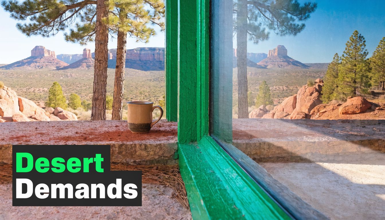 A ceramic mug rests on a ledge overlooking a scenic desert landscape with red rock formations.