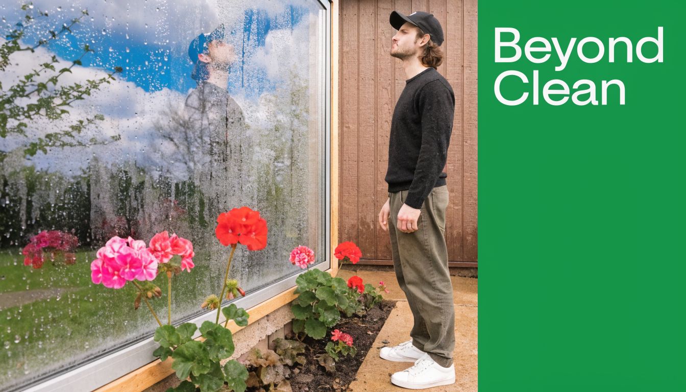 A man stands outside looking at his reflection in a wet window beside some blooming red geraniums.