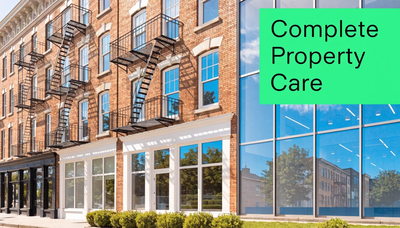 A modern commercial building storefront beside a classic red brick building with external fire escape ladders.