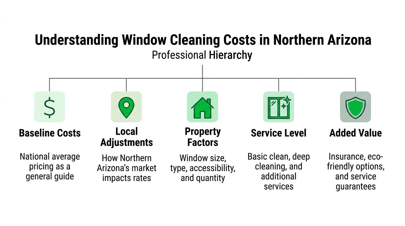 A diagram explaining factors affecting window cleaning costs in Northern Arizona including baseline and property factors.