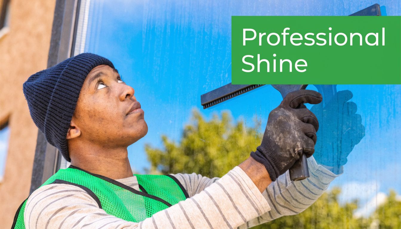 A professional window cleaner wearing a green vest and beanie wipes a glass surface with a squeegee.