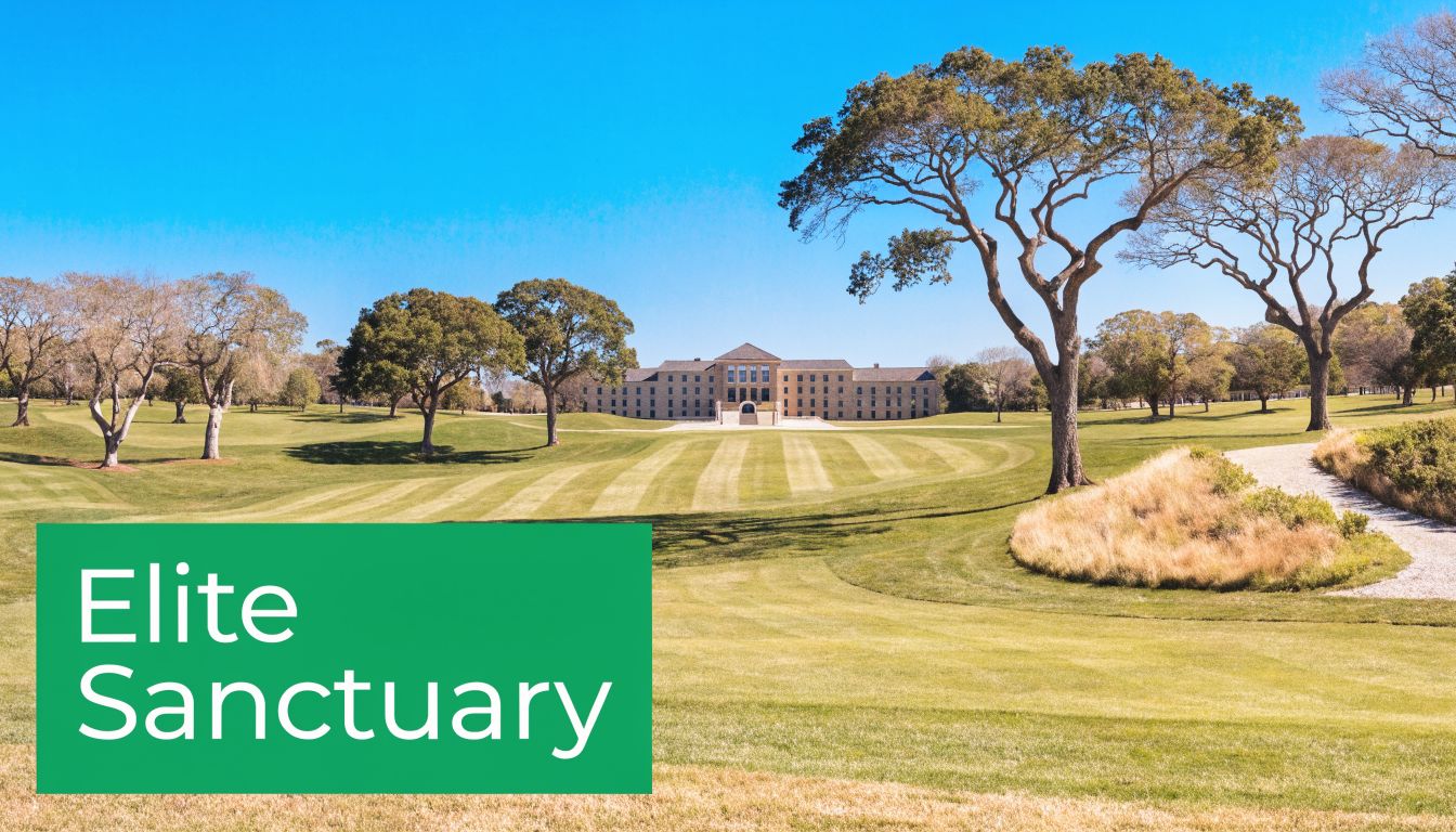 A grand historic building nestled within the scenic landscape of the Forest Highlands Country Club estate.