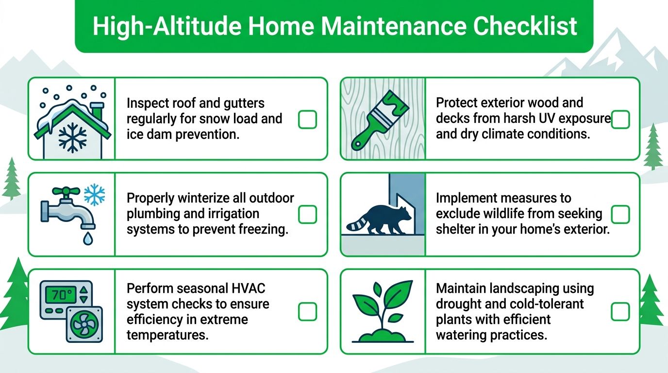 A checklist for maintaining homes in high altitude locations to prepare for extreme weather conditions.