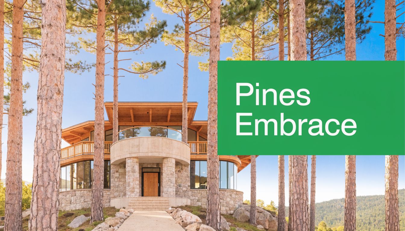 A luxurious modern house with stone and timber architecture nestled among tall pine trees in a mountain setting.