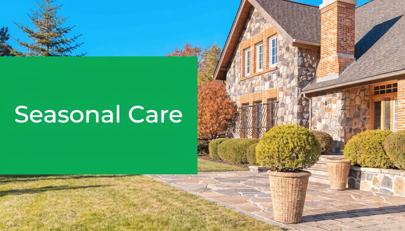 A luxurious stone house with a beautifully landscaped lawn and seasonal planters in a residential setting.