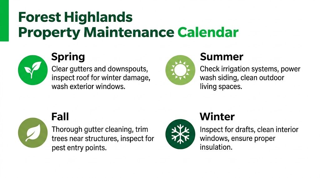 A property maintenance calendar showing seasonal home care tasks for spring, summer, fall, and winter.