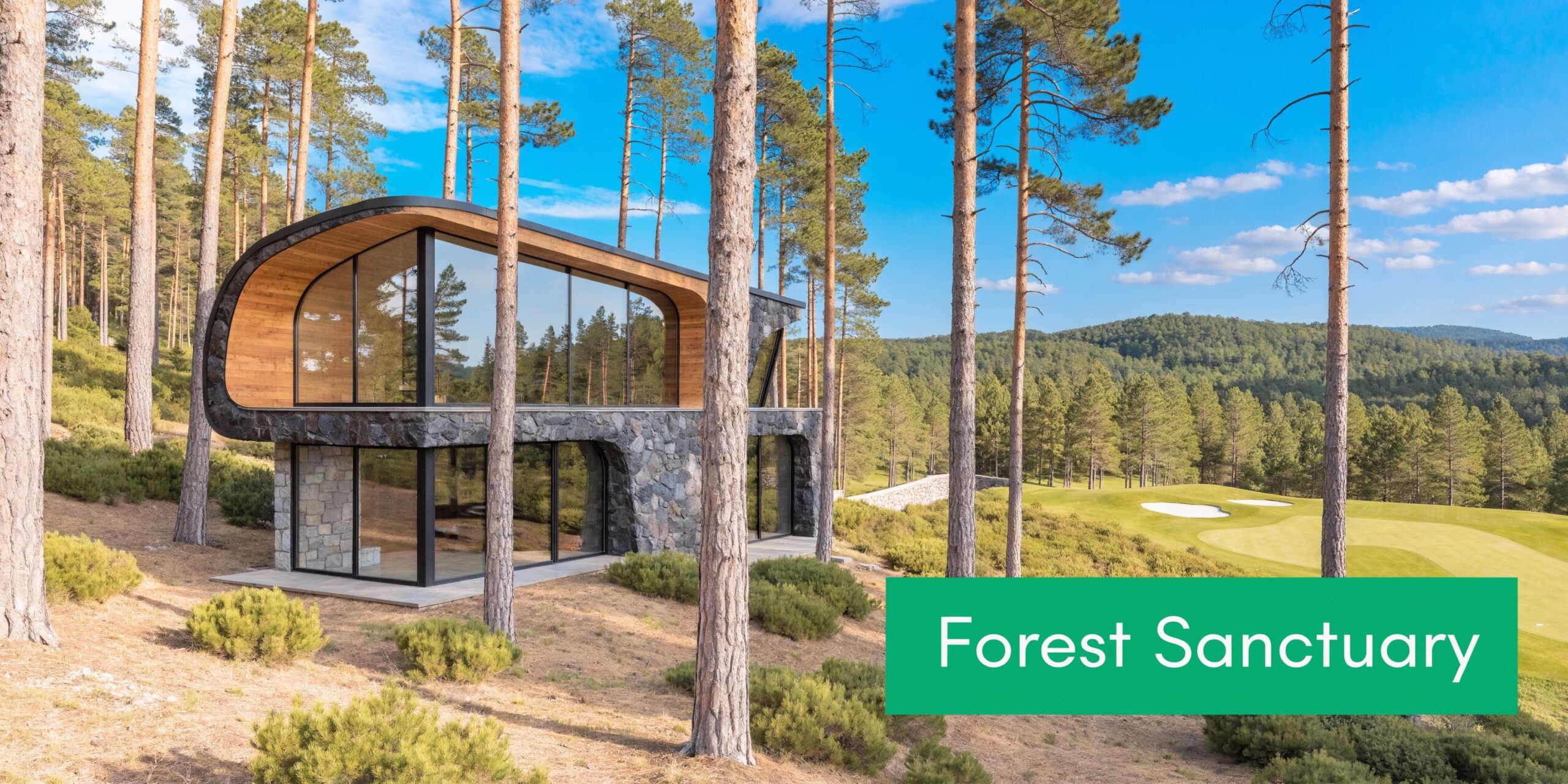 A modern two-story architectural villa nestled within a pine forest overlooking a scenic golf course fairway.