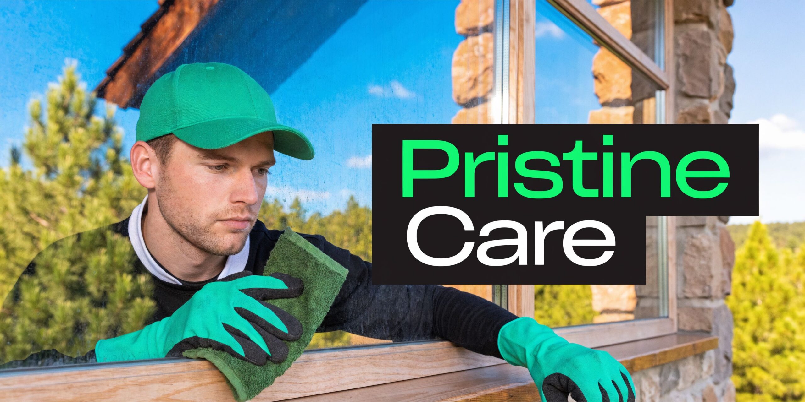 A professional window cleaner wearing green gloves and a cap cleaning a glass window in forest highlands.