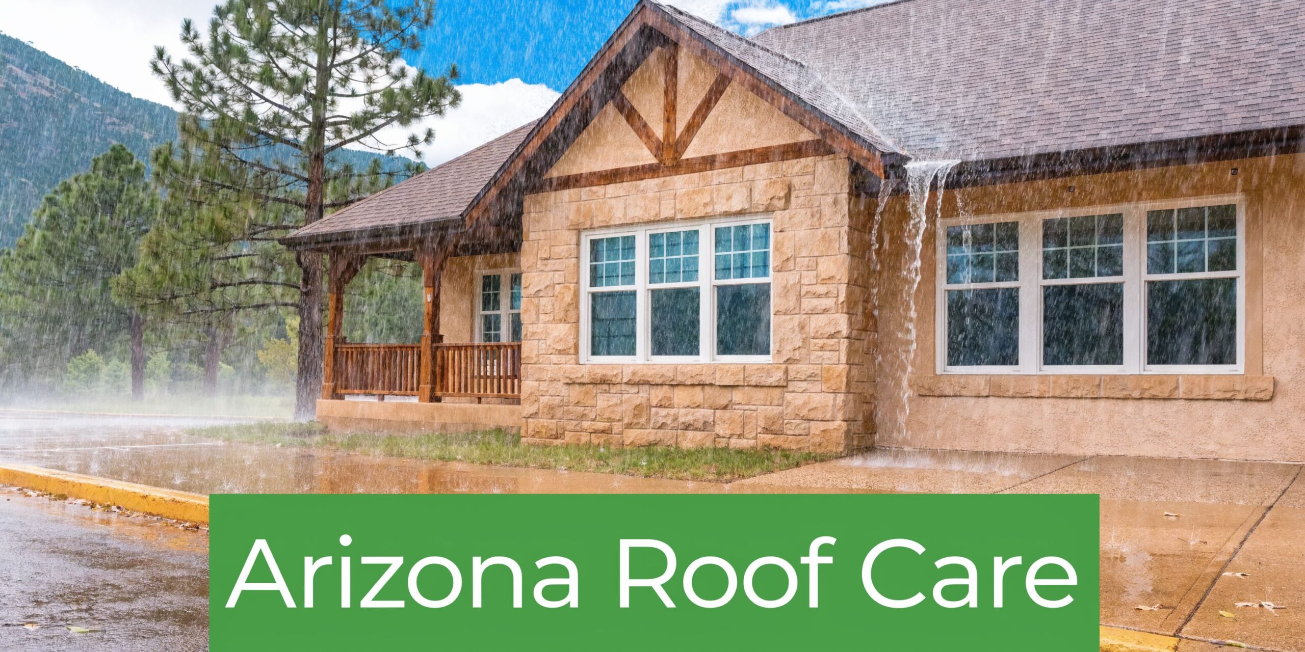 Heavy rain falling on a house roof in Arizona, highlighting the importance of proper gutter care.