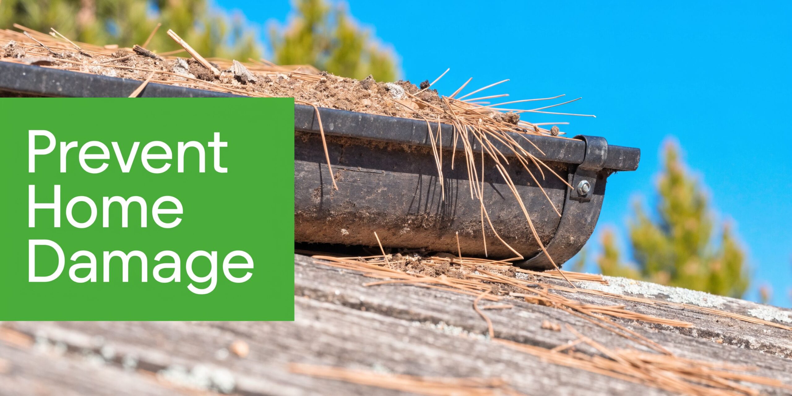 A dirty rain gutter clogged with pine needles and dirt, highlighting a common household maintenance issue.
