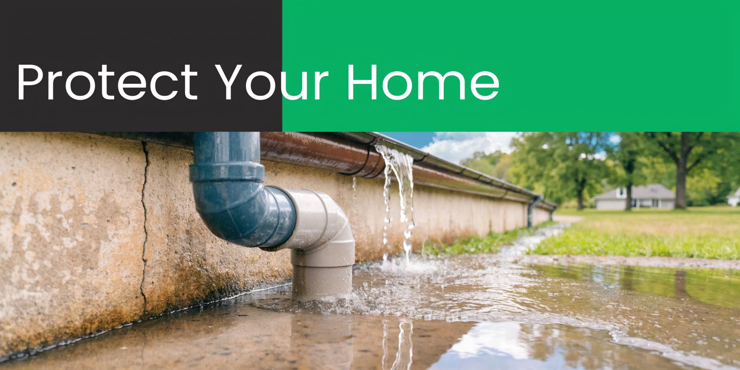 Rainwater overflowing from a damaged gutter onto the ground near the foundation of a house.
