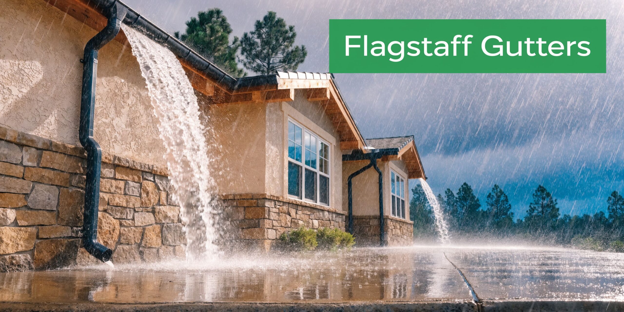 Heavy rain falling on a house roof showing overflowing gutters that need professional cleaning services.