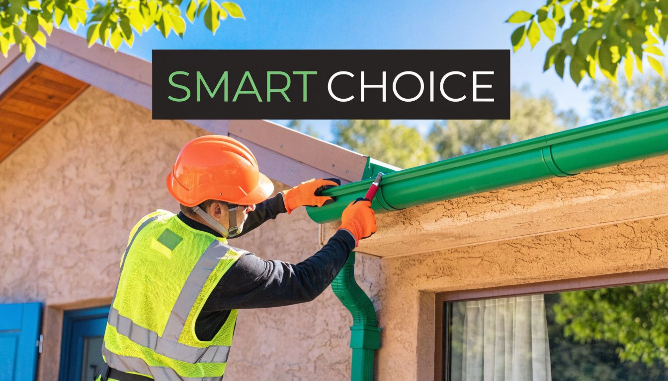 A professional construction worker in a safety vest and orange helmet installing green gutters on a house.