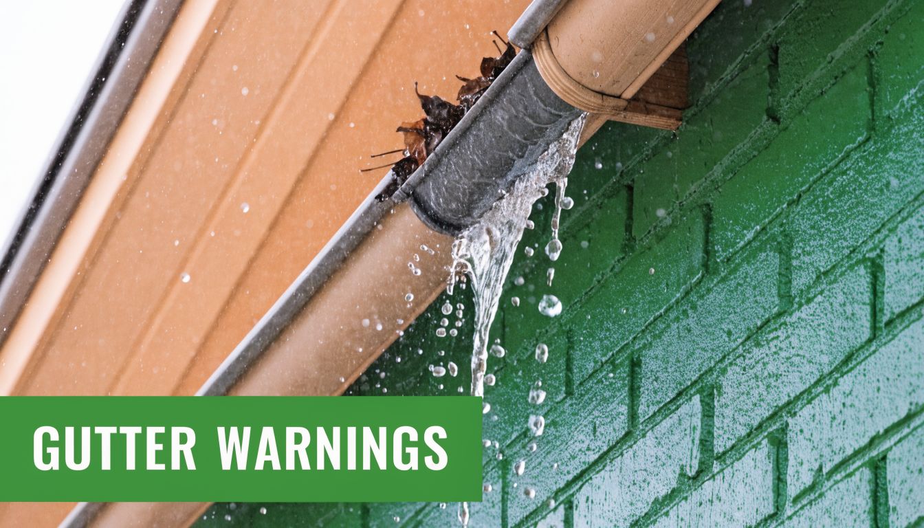 A clogged rain gutter overflowing with water and leaves on a rainy day.
