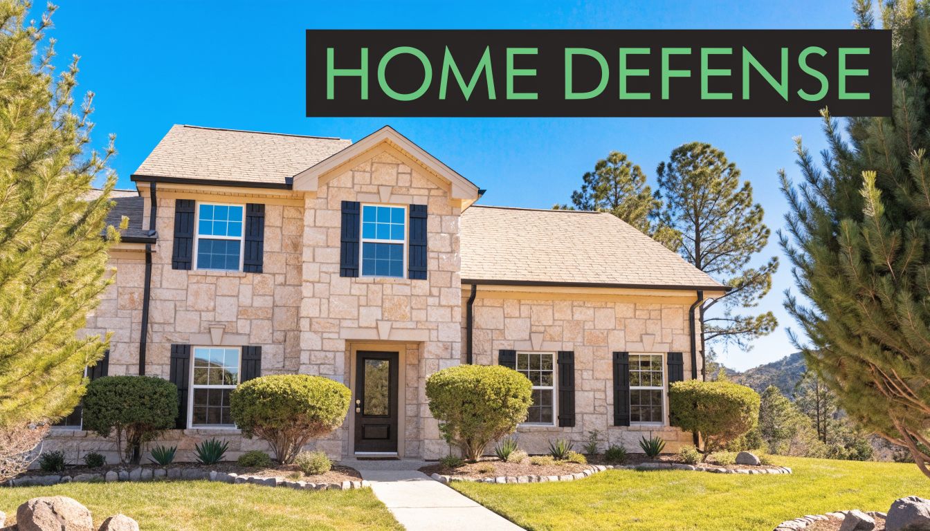 A beautiful stone house in Flagstaff, Arizona, featuring well-maintained gutters and manicured landscaping under a clear sky.