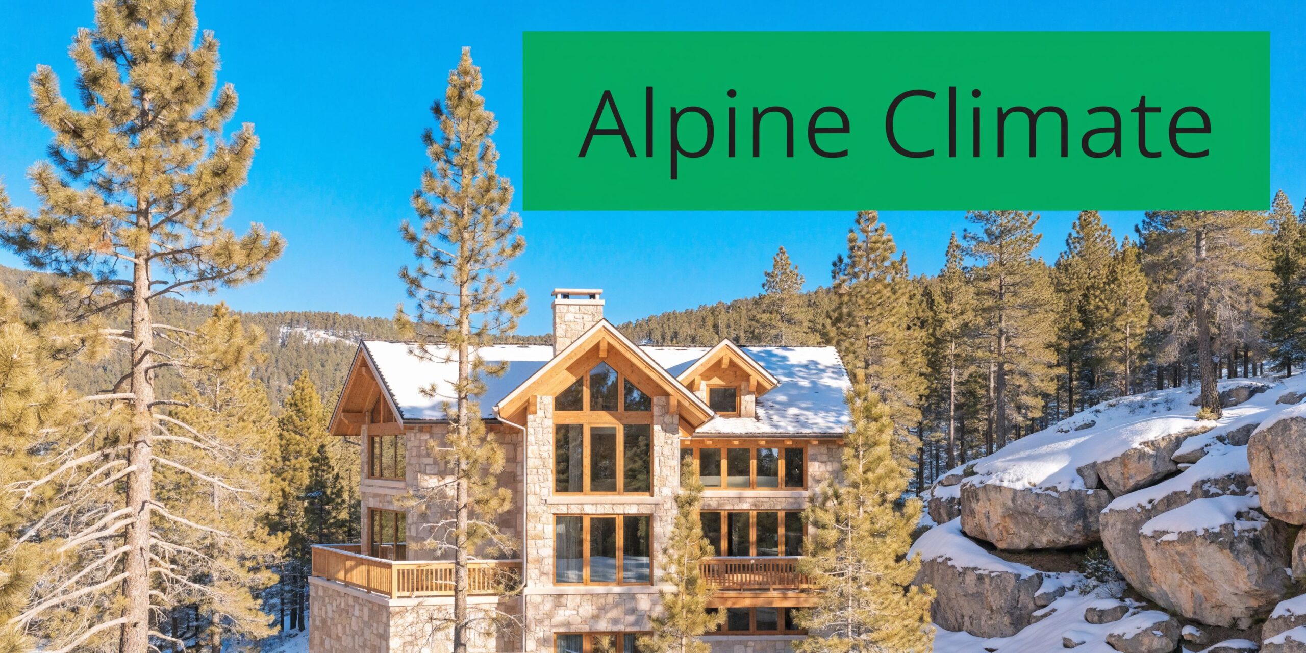 A luxurious stone cabin nestled in a snowy alpine landscape with tall pine trees during winter.