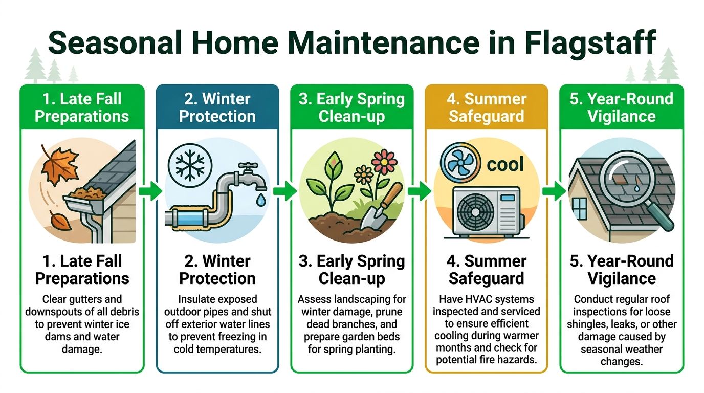 A colorful infographic outlining essential seasonal home maintenance tips for homeowners living in Flagstaff, Arizona.