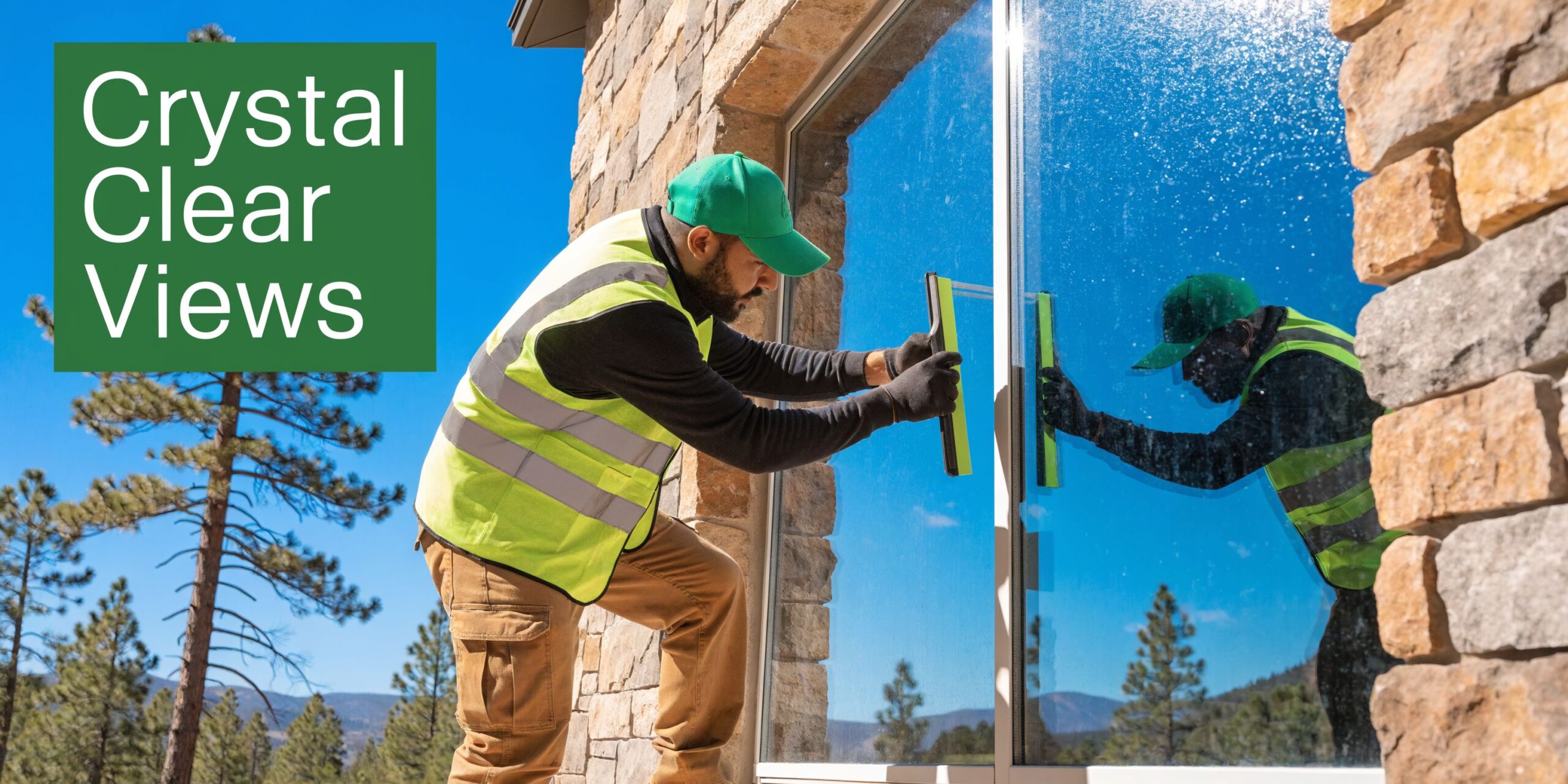 A professional window cleaner wearing a high-visibility vest cleans a large glass pane at Pine Canyon Club.