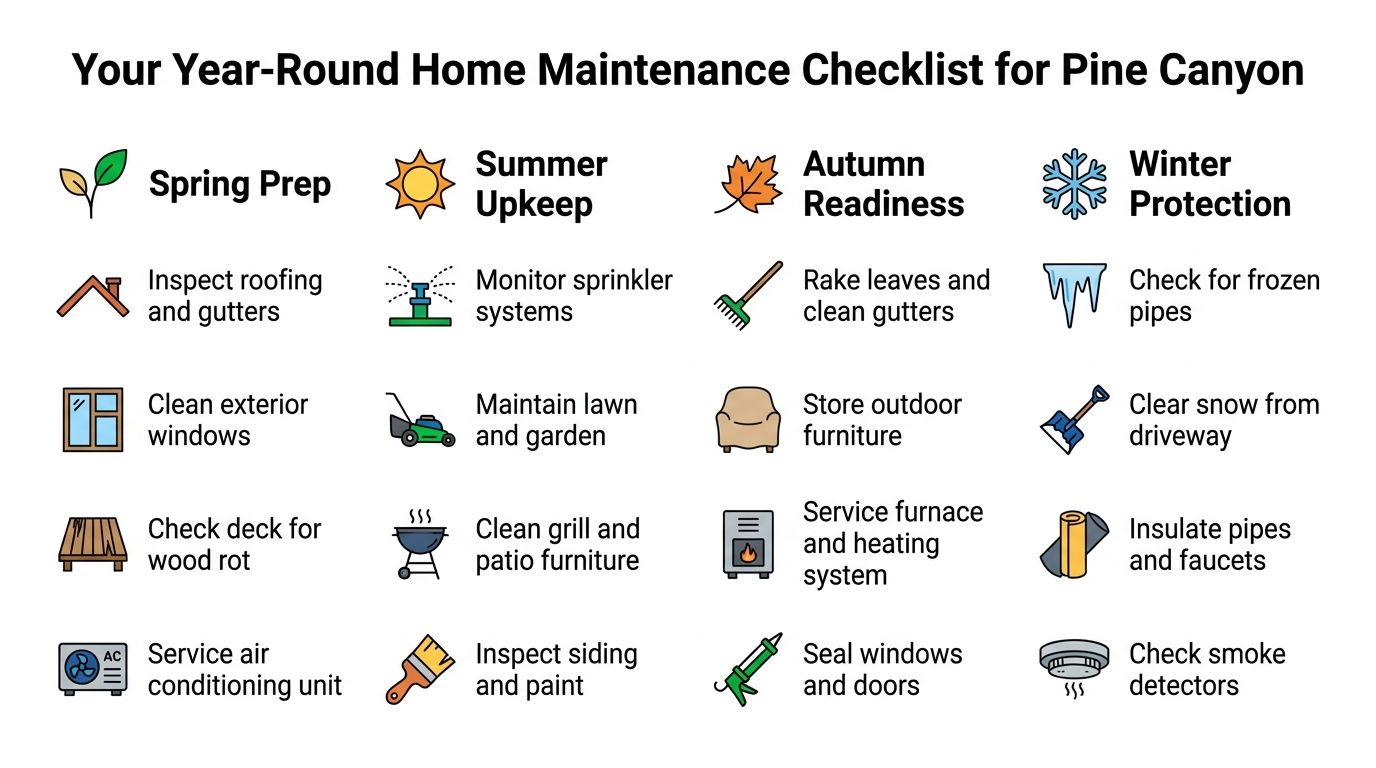 A year-round home maintenance checklist infographic with seasonal tasks for the Pine Canyon residential area.