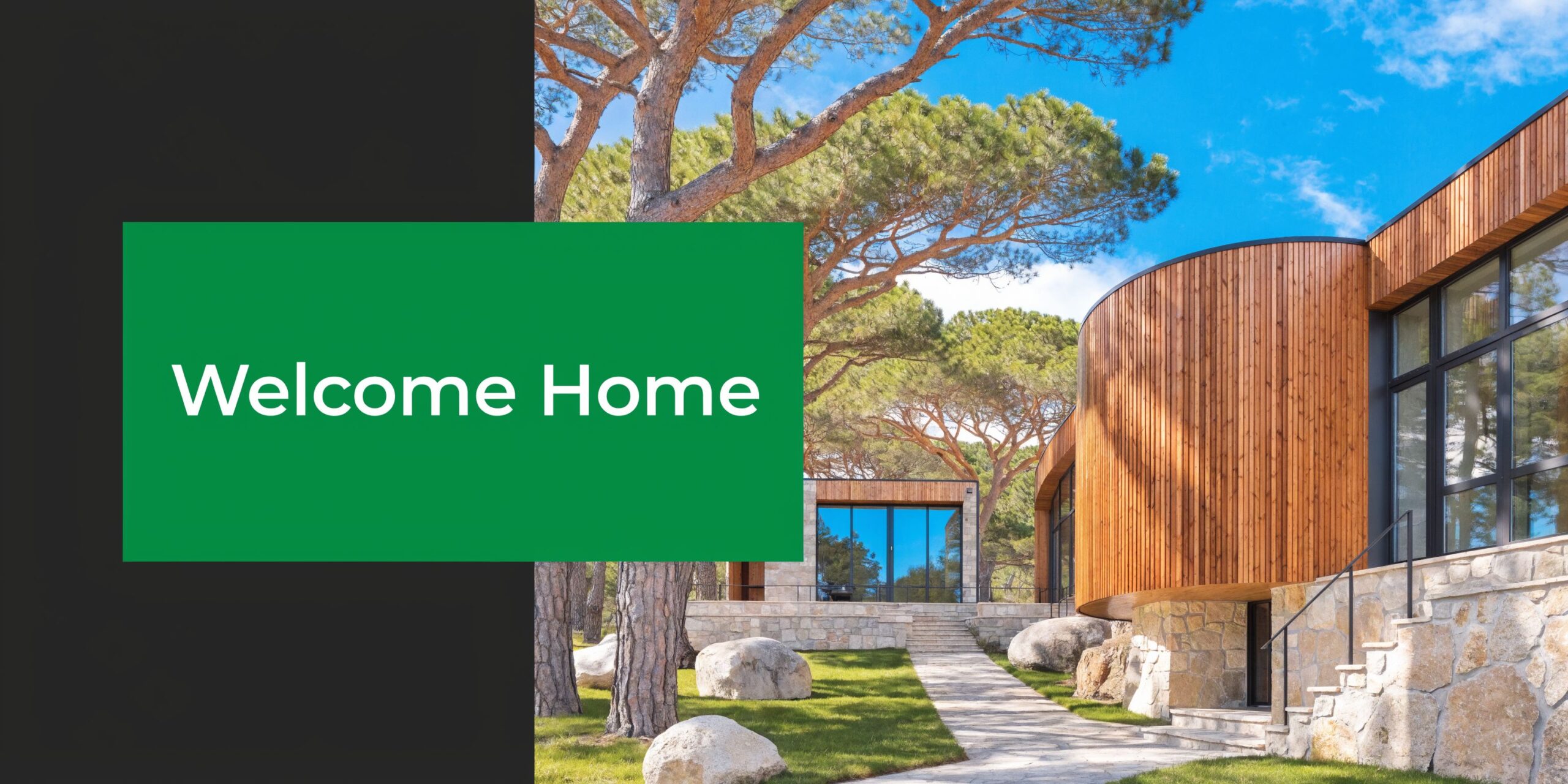 A luxurious modern home with wood siding and stone foundations nestled in a beautiful pine forest setting.