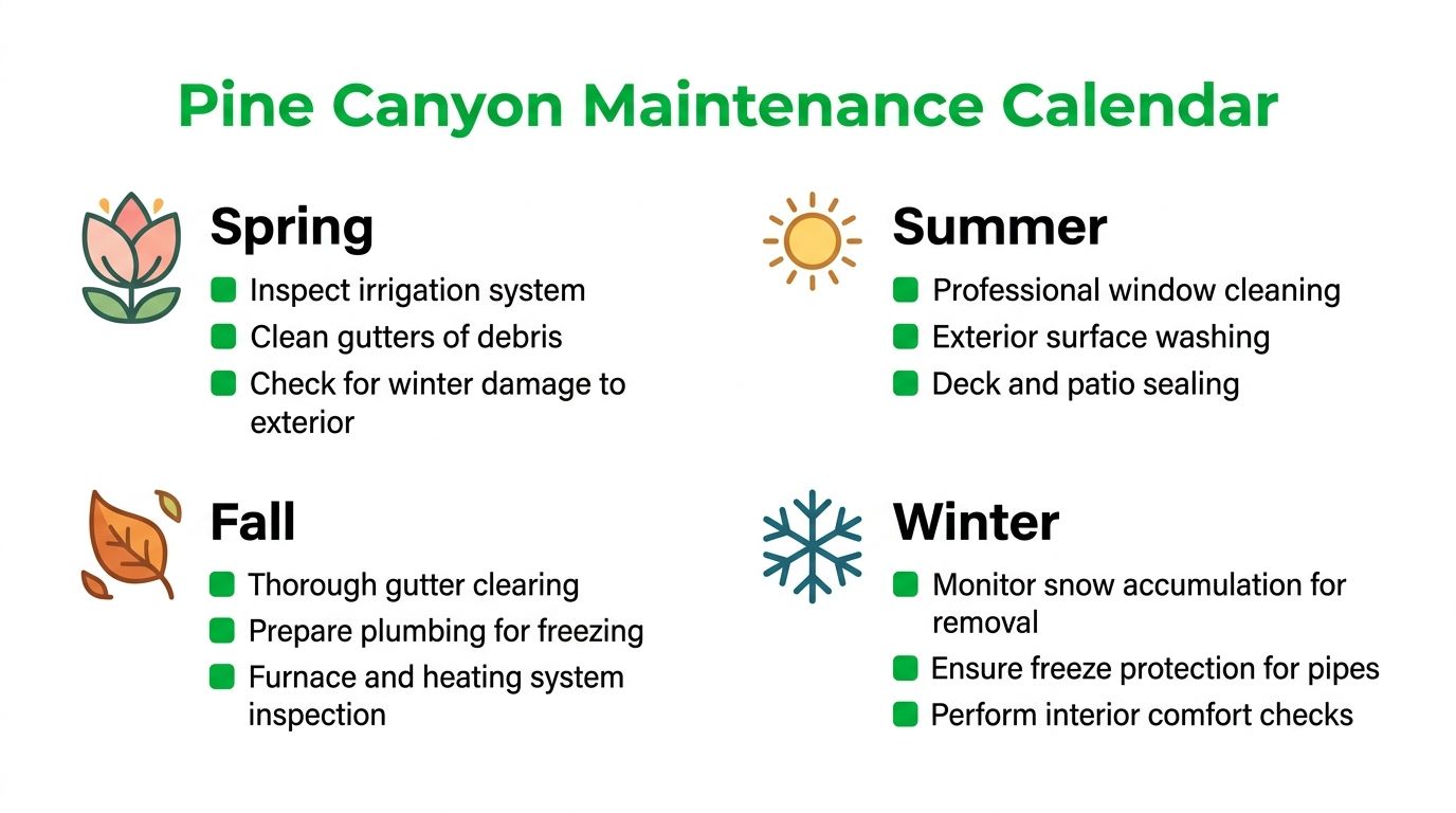 A Pine Canyon maintenance schedule infographic showing recommended home care tasks for spring, summer, fall, and winter seasons.