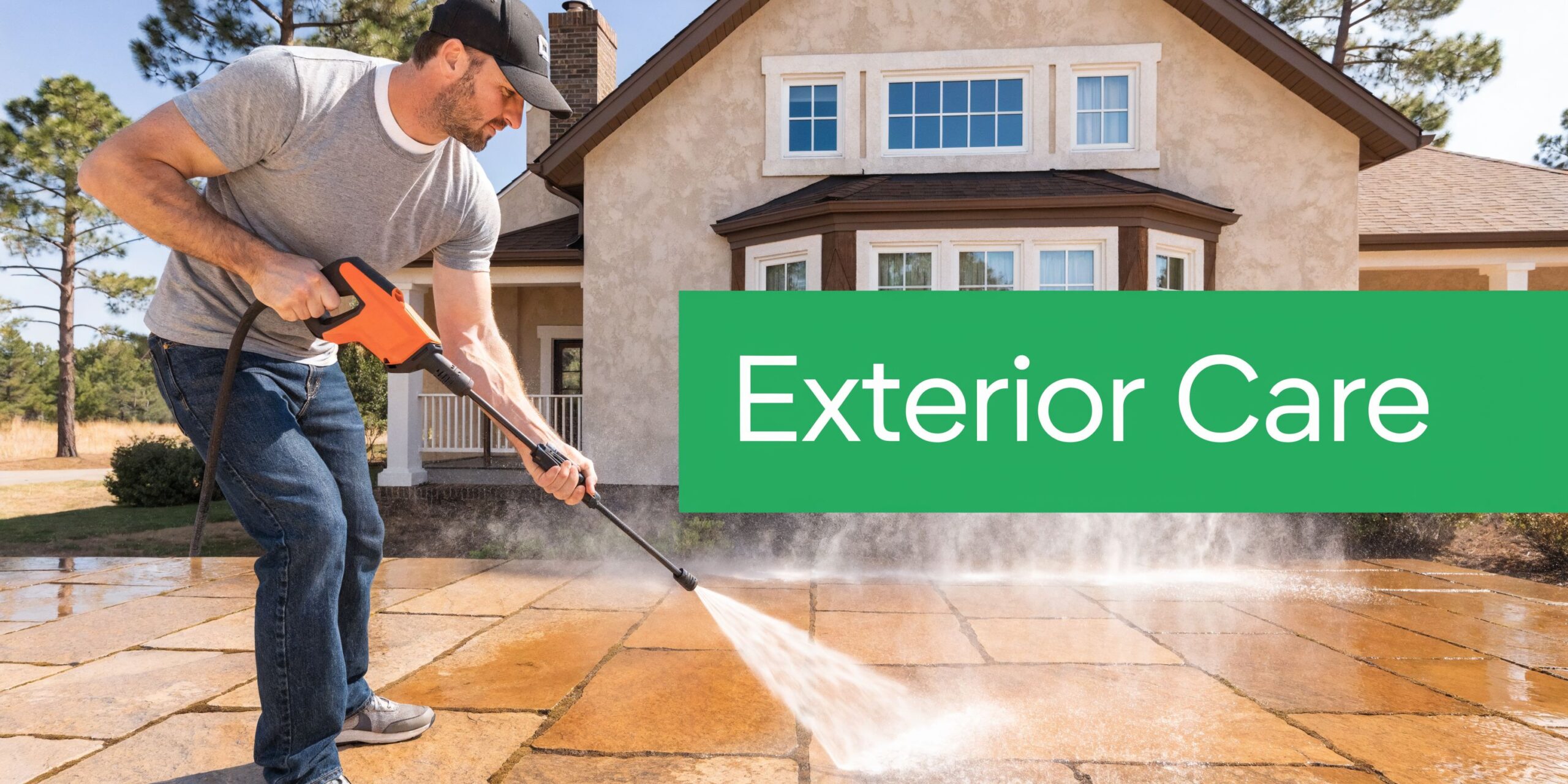 A man using a pressure washer to clean a stone patio in front of a house