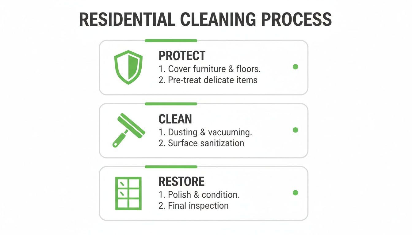 Infographic detailing a three-step residential cleaning process: Protect, Clean, and Restore, with specific tasks listed for each.