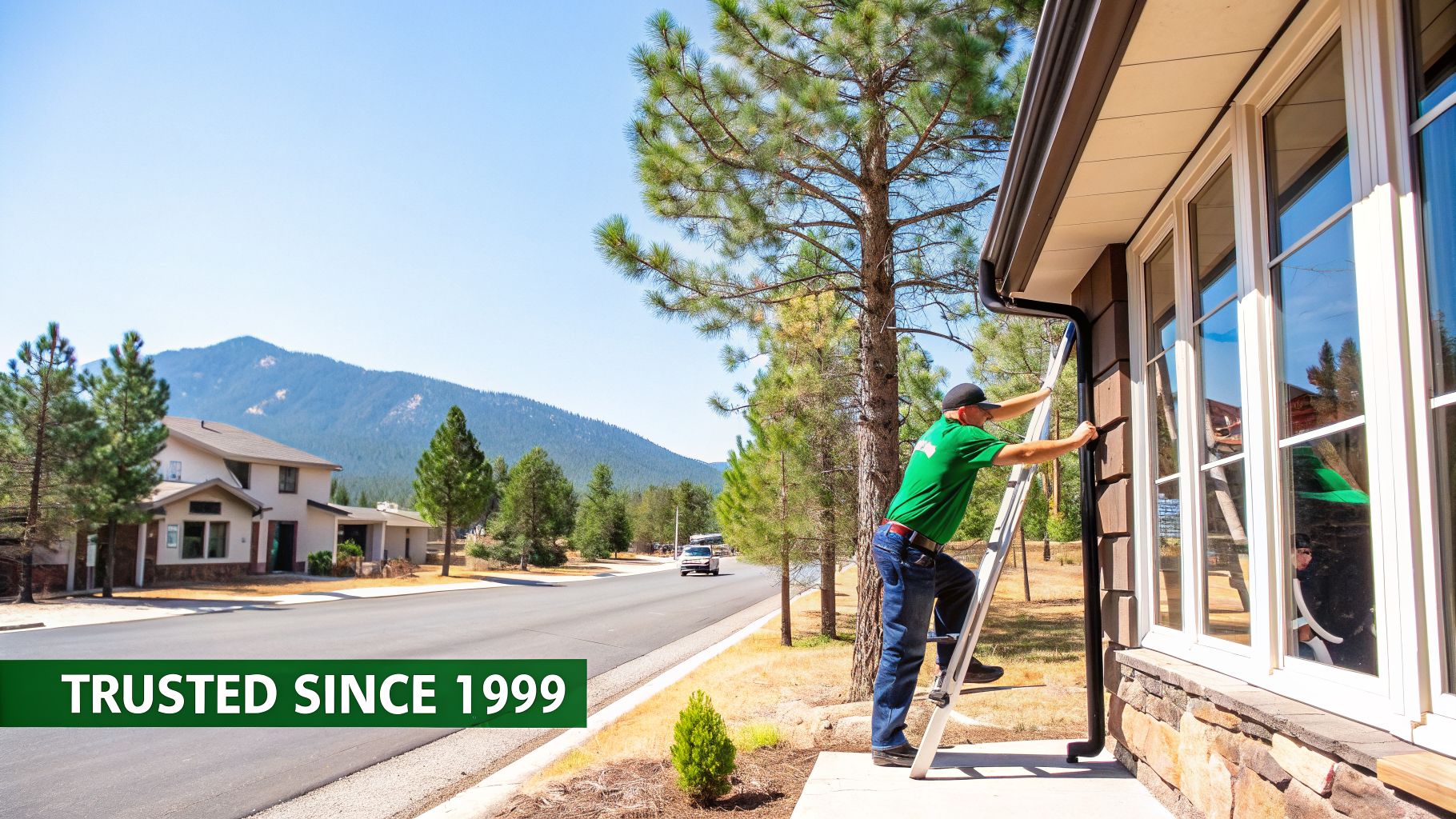 Man on ladder cleaning a house's exterior, showcasing professional window and gutter services.